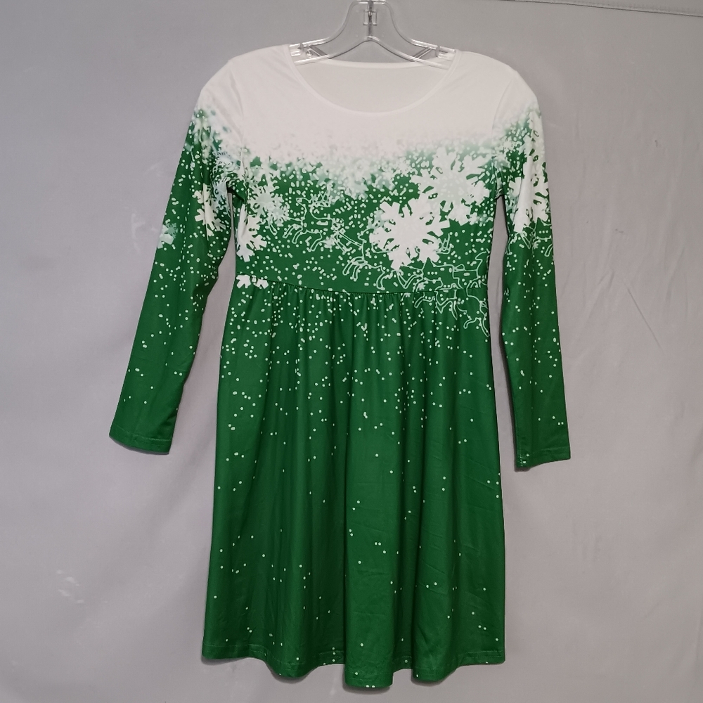 Denater Green and White Snowflake Reindeer Christmas Long Sleeve Mini Dress S